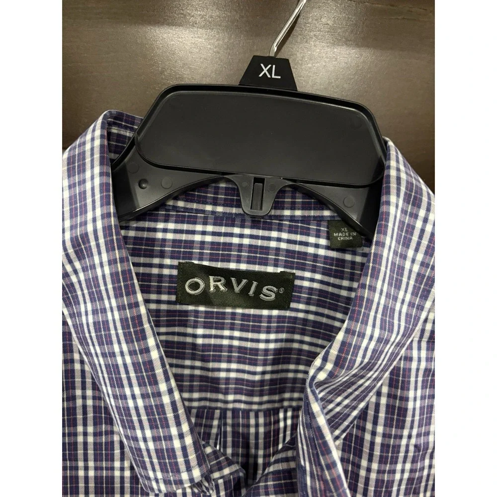 Orvis Men's XL Blue Purple Tattersall Plaid Button Up Shirt Short Sleeve